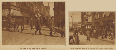 871754 Collage van 2 foto's betreffende de verkeersdrukte op het Vredenburg en Lange Viestraat te Utrecht, op een ...